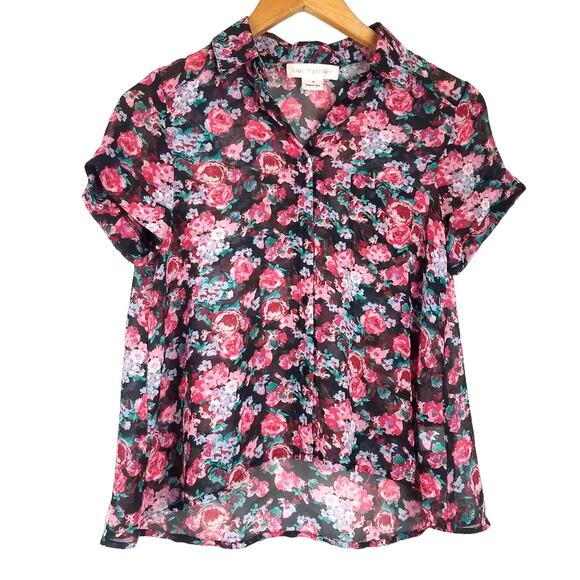 Anthropologie Tops - Anthropologie | Sheer Floral Short Sleeve Top Roses Red Green Black XS